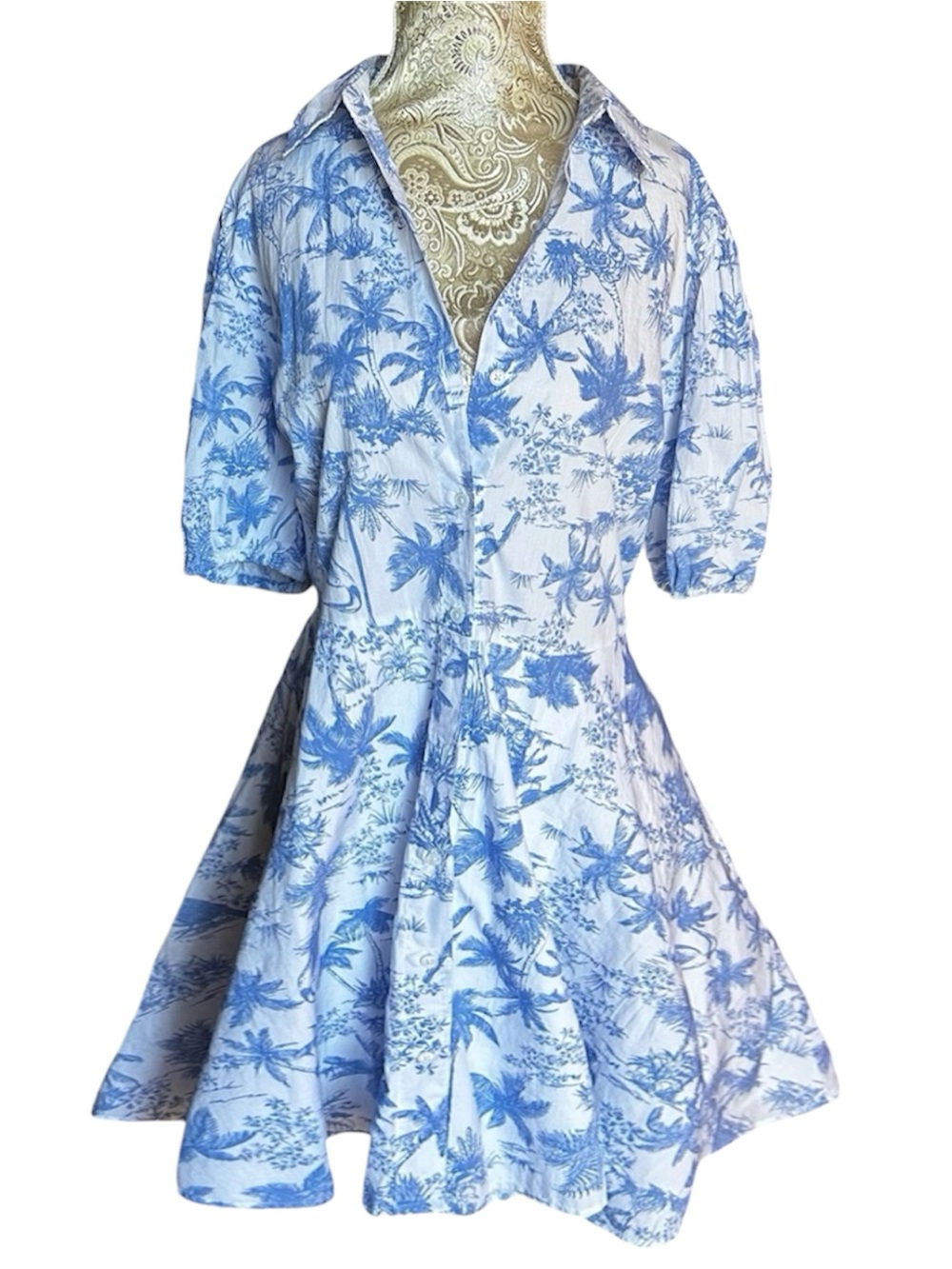 NWT a new day Cotton Blue & White Tropical Print Button-Down Casual Dress